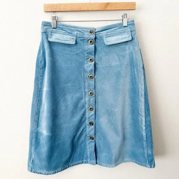 BY ANTHROPOLOGIE | Sky Blue Corduroy Button Front Skirt A-line Pockets | Size 6 - Picture 2 of 8
